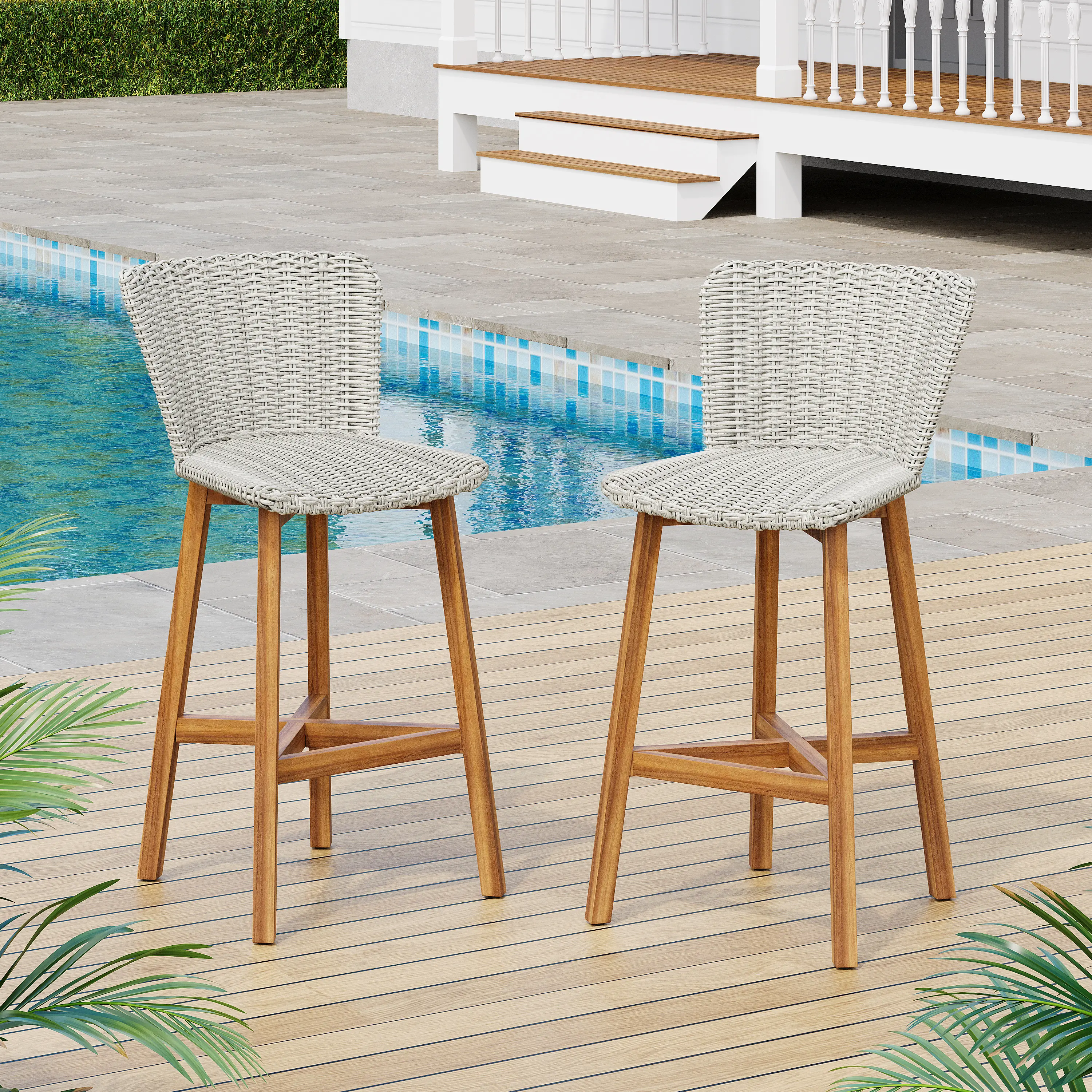 ARCH Lymington Coastal Style 2-Piece Outdoor Bar Stool Set - Durable Teak Wood Frame, Light Grey Wicker Seats, Counter Height Seating for Patio, Kitchen Island Home Bar Furniture, Garden Gatherings