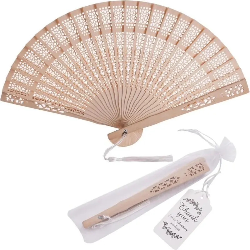 9 Pack Hollow Carved Wooden Hand Fans with Tassels, Organza Gift Bags & Thank You Tags, Bulk Wedding Favors Bridal Shower Party Guest Souvenir Gifts, Vintage Foldable Wooden Handheld Fans for Summer Decor