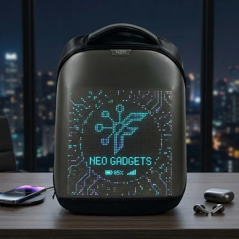 LED Knight Backpack with Radiant Pulse Black Design, Smart Bluetooth Programmable LED Screen, 15.6 Inches Laptop Compartment, USB Port, DIY Animation, Cool Motorcycle Gear for Bikers (Power Bank Not Included, Ideal for Holiday Use), 17.5 * 13.7 * 8.9 In,,