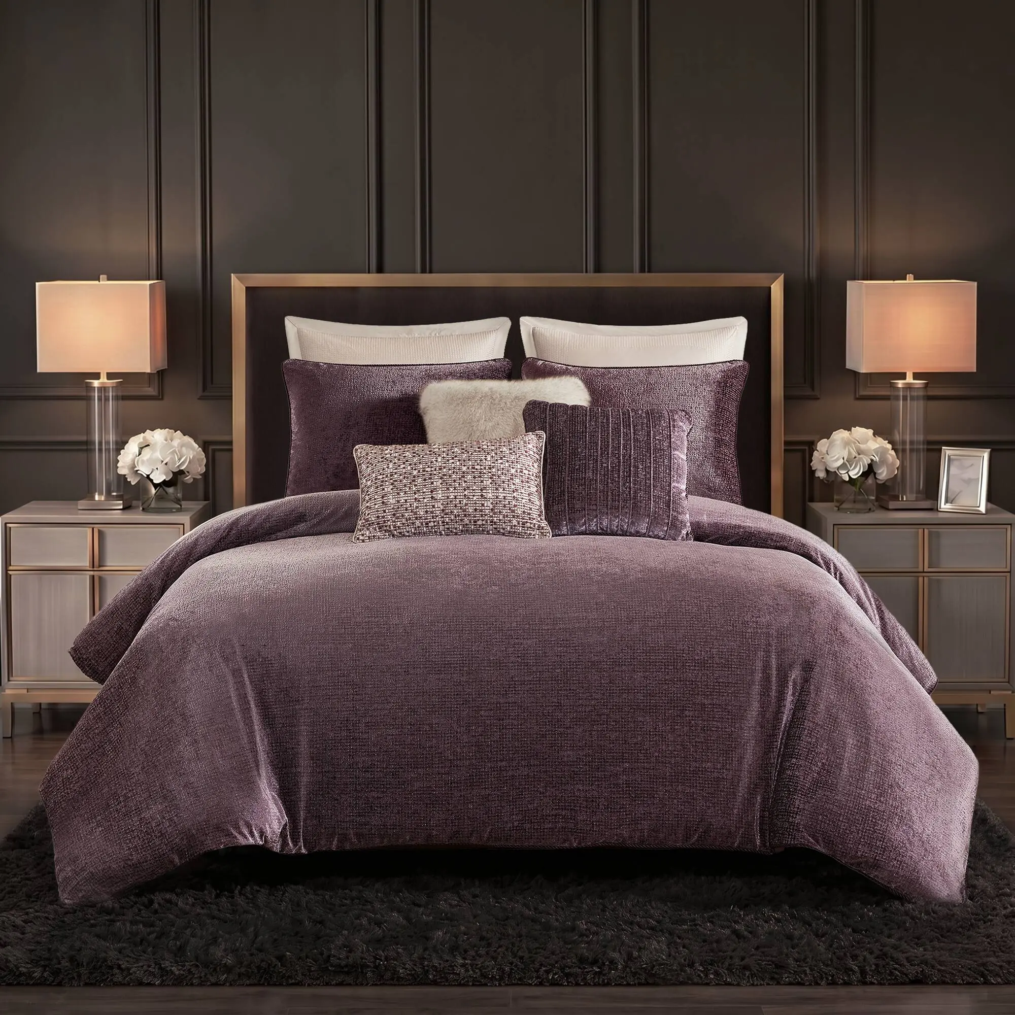 Nokaa 9-Piece King Comforter Set Mauve Velvet Jacquard Bedding Set with Comforter, Sheets, Pillowcases, Shams, Bed Skirt, Decorative Pillow, All-Season Down Alternative Quilted Duvet Insert for Master Bedroom Guest Room Home Decor
