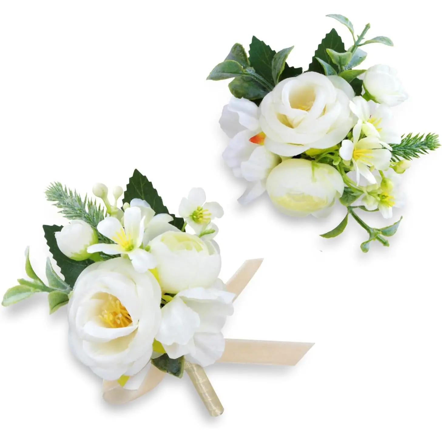 Prom Corsage And Boutonniere Set Orange – Artificial Silk Wrist Corsage & Boutonniere For Men Wedding – Groom Boutonniere For Prom, Homecoming, Courthouse Wedding, White Rose Corsage Wristlet Gift Set