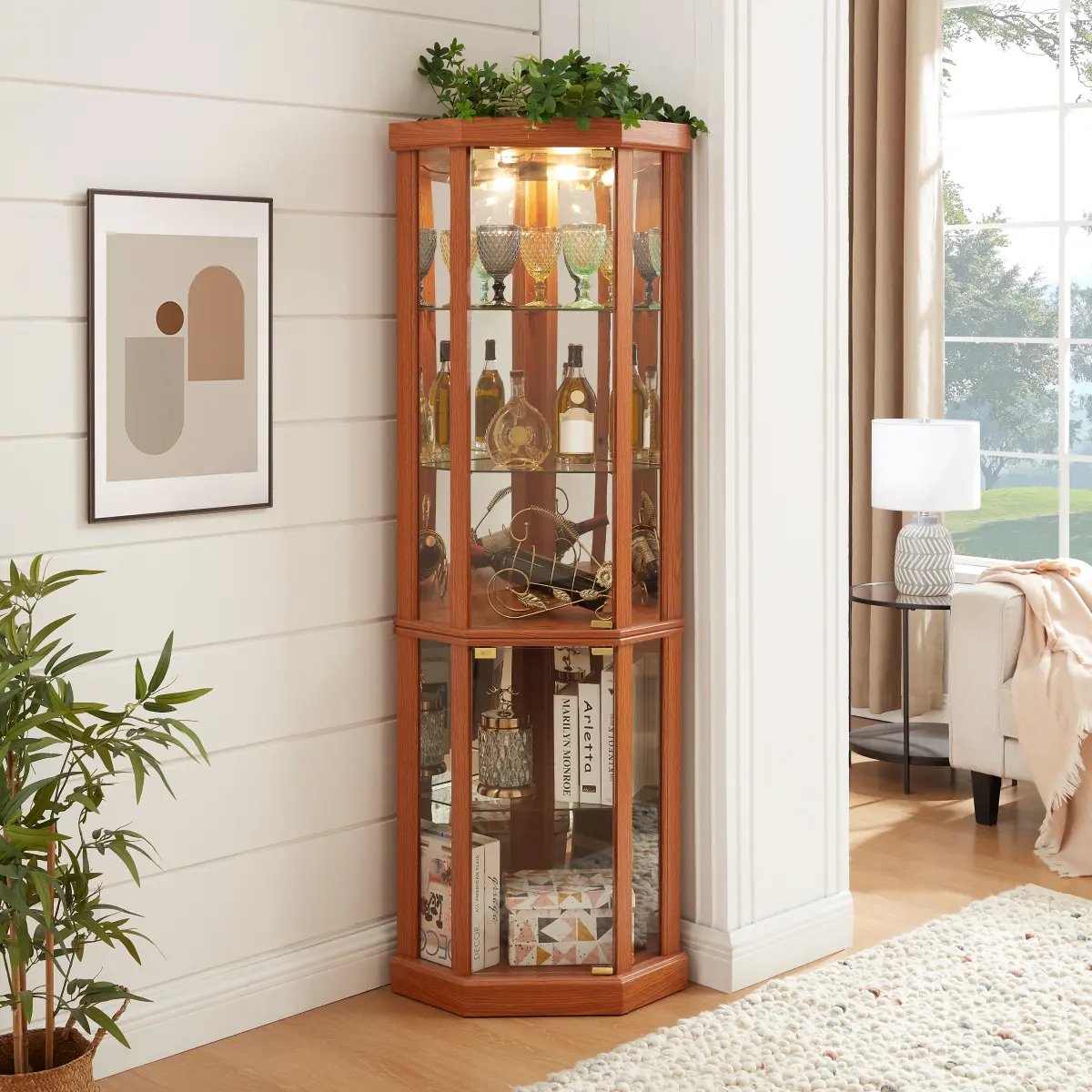 AobtkelCorner Lighted Curio Cabinet Corner Glass Cabinet Lighted Curio Cabinet Corner Display Case for Living Room, Curio Cabinet, Antique collection, Wine,Bar Glass Storage Light Included,Dark   WL