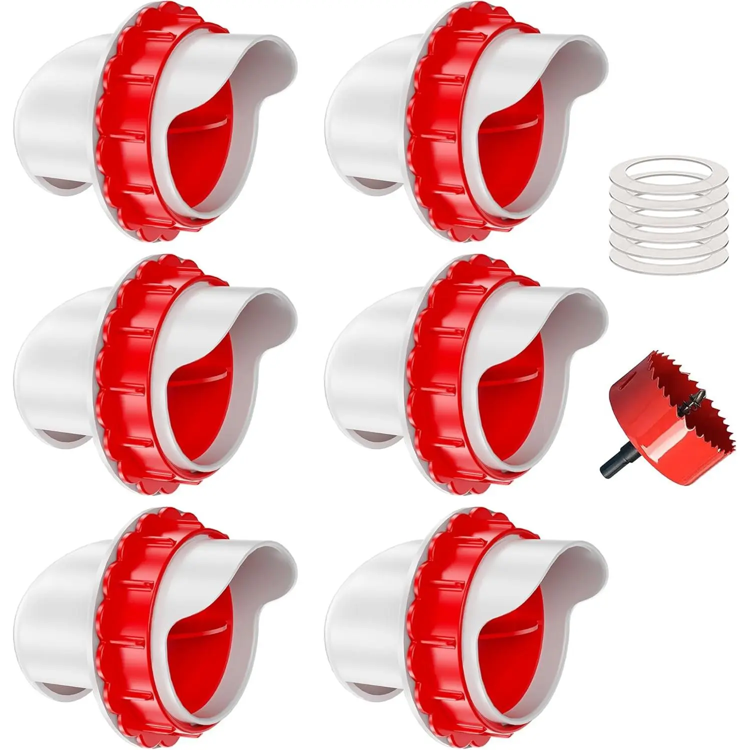 6 Ports Red No Waste Automatic DIY Chicken Feeder with Hole Saw, Mountable on Bucket Barrel Bin Trough for Chicken Flock