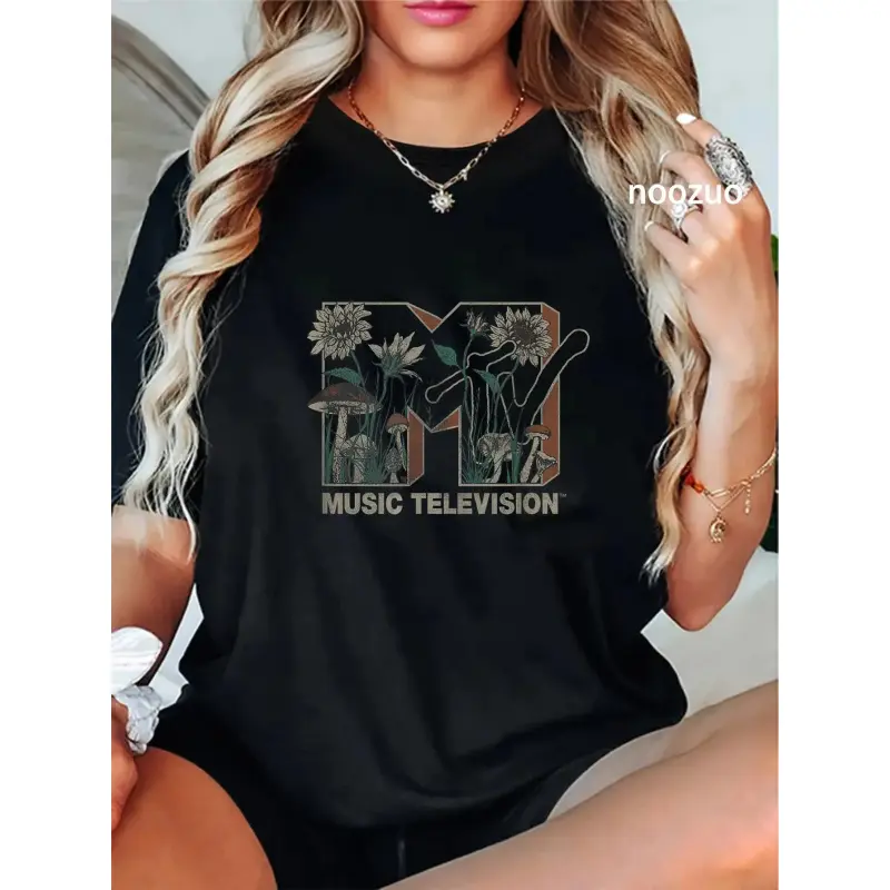 Unisex MTV Music Television Wild Flower Mushrooms MTV Logo T-Shirt Casual Top