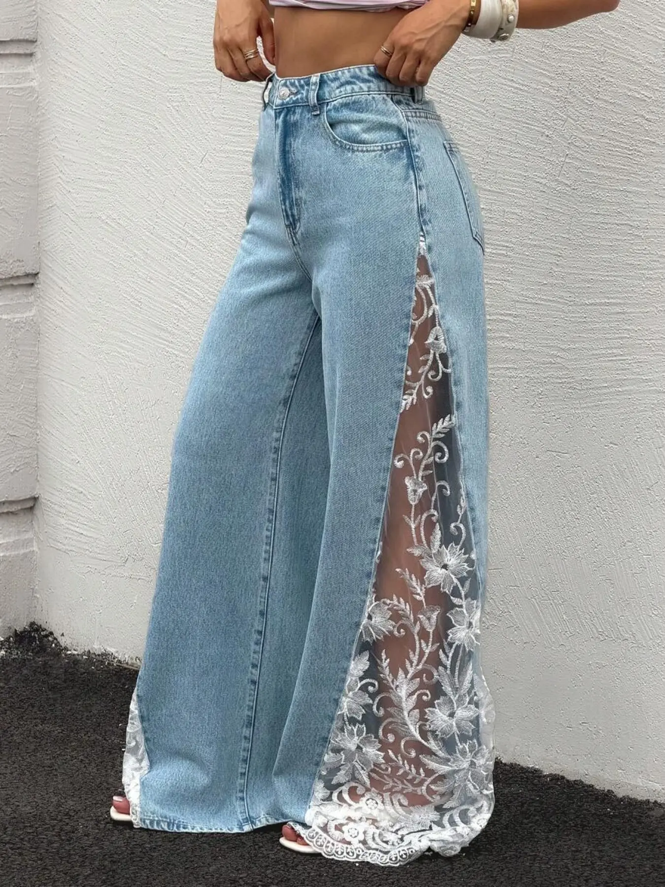Women's Patchwork Lace Denim High Waist Wide Leg Long Pants, Fashionable Vacation Style, Trendy and Stylish, Perfect for Casual Wear, Comfortable and Durable