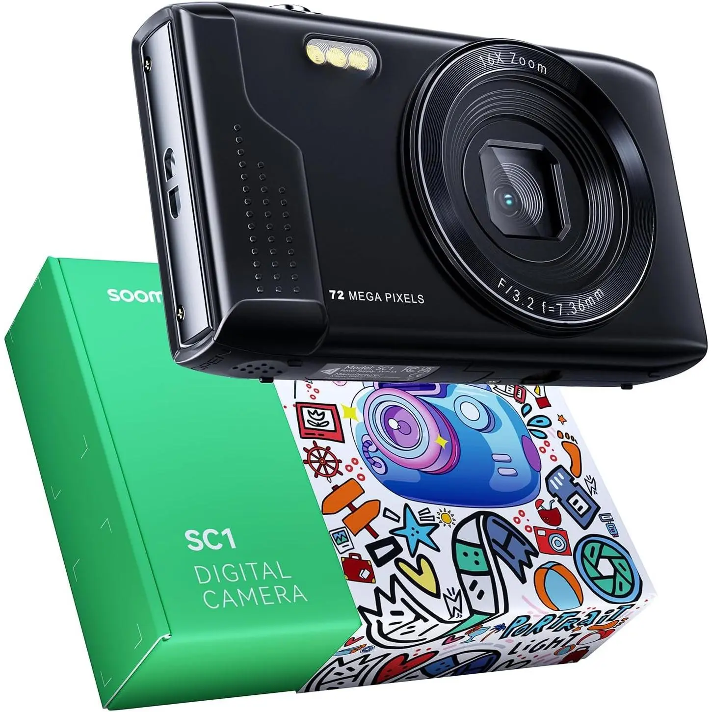 Digital Camera - Max 72MP Point and Shoot  Cameras with 16X Zoom, 32G TF Card, 2  and Card Reader, Compact Digital Camera for  Teens Beginners (Black)