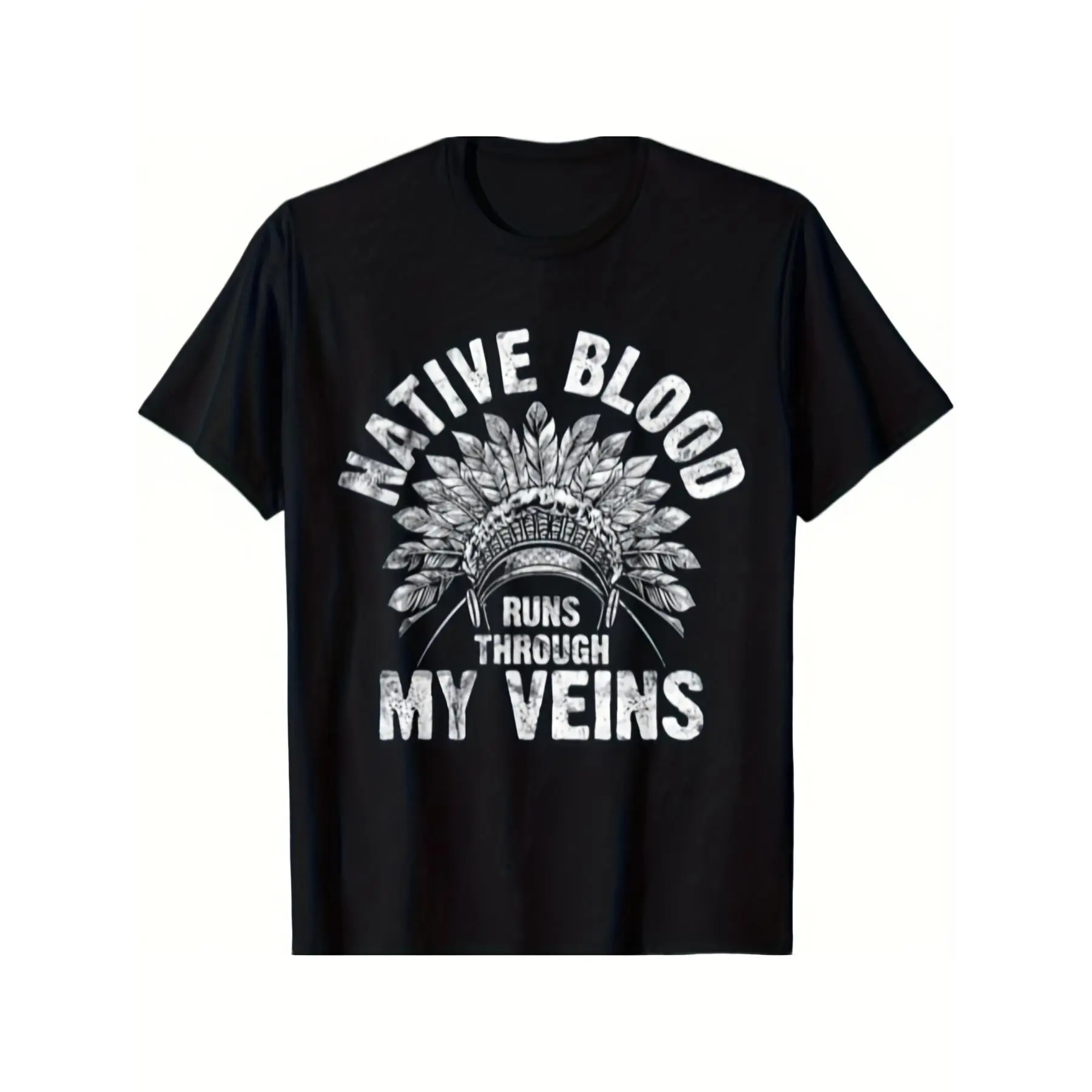 Men's Vintage Native Blood Graphic T-Shirt - 100% , Crew Neck, Short Sleeve, Regular Fit, Casual All-Season Wear with Native Blood Runs Through My Veins Design - Perfect for Valentine's D