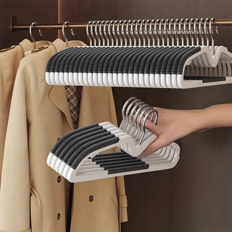 20/30/50pcs Space-Saving Non-Slip Plastic Hangers, Vertical Adjustable Design, Ideal for Closet, Home, Dorm, Bedroom, Decorative Stripes, Storage Organizer