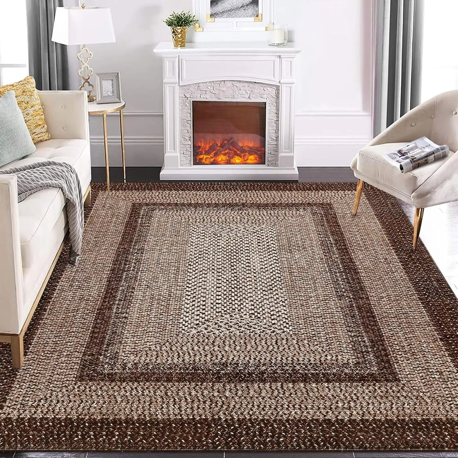 Rugs for Living Room Printed Washable Rug Modern Braided Area Rugs for Living Room Non Slip Low Pile Bedroom Rug Low Pile Non-Shedding Floor Carpet for Farmhouse Home Office Brown