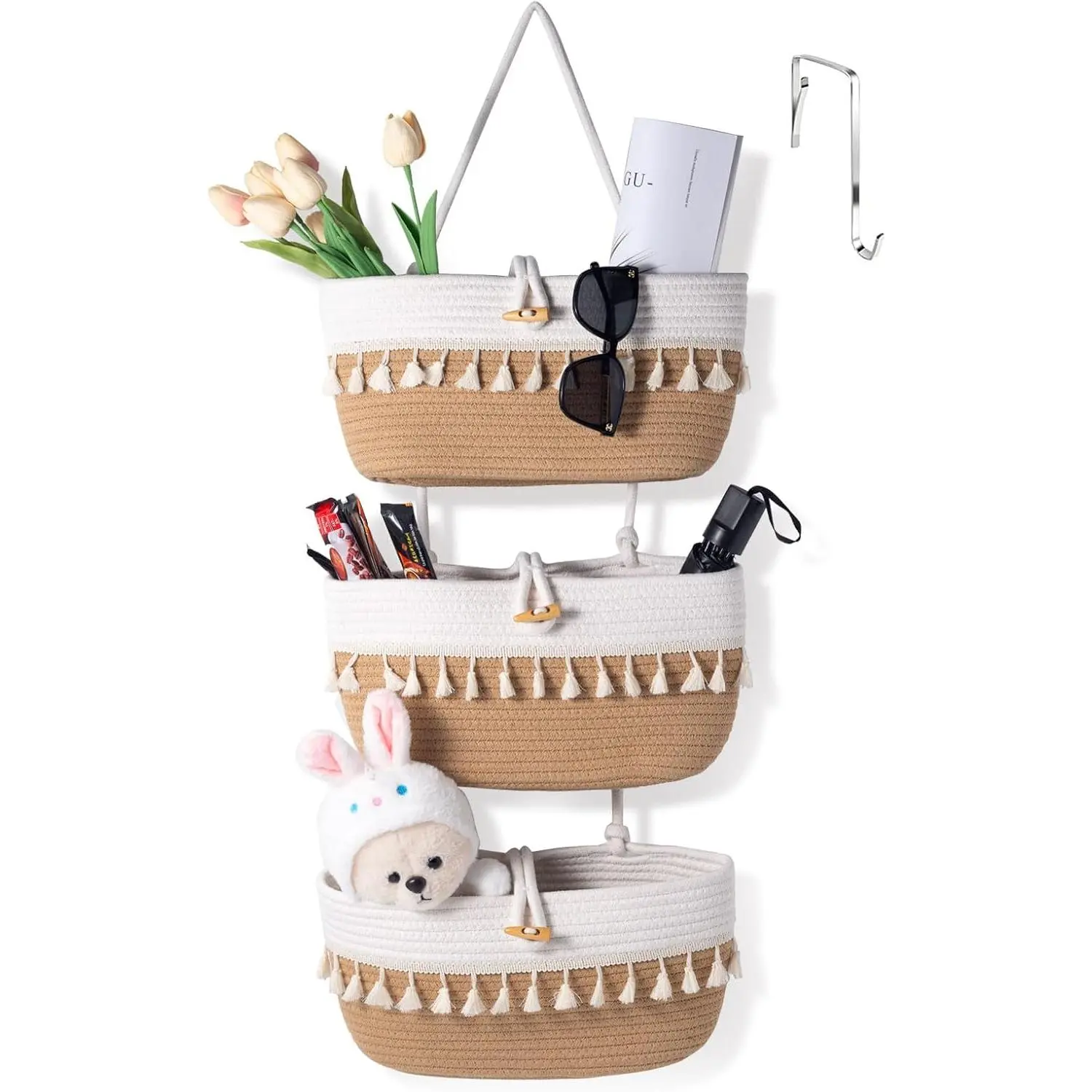 3 Tier Over the Door Basket  Rope Organizer Wall  | 14.5“x7, 3-Tier Wall  Storage Basket, Closet Organizing, Decorative Baskets for Organizing Living Room