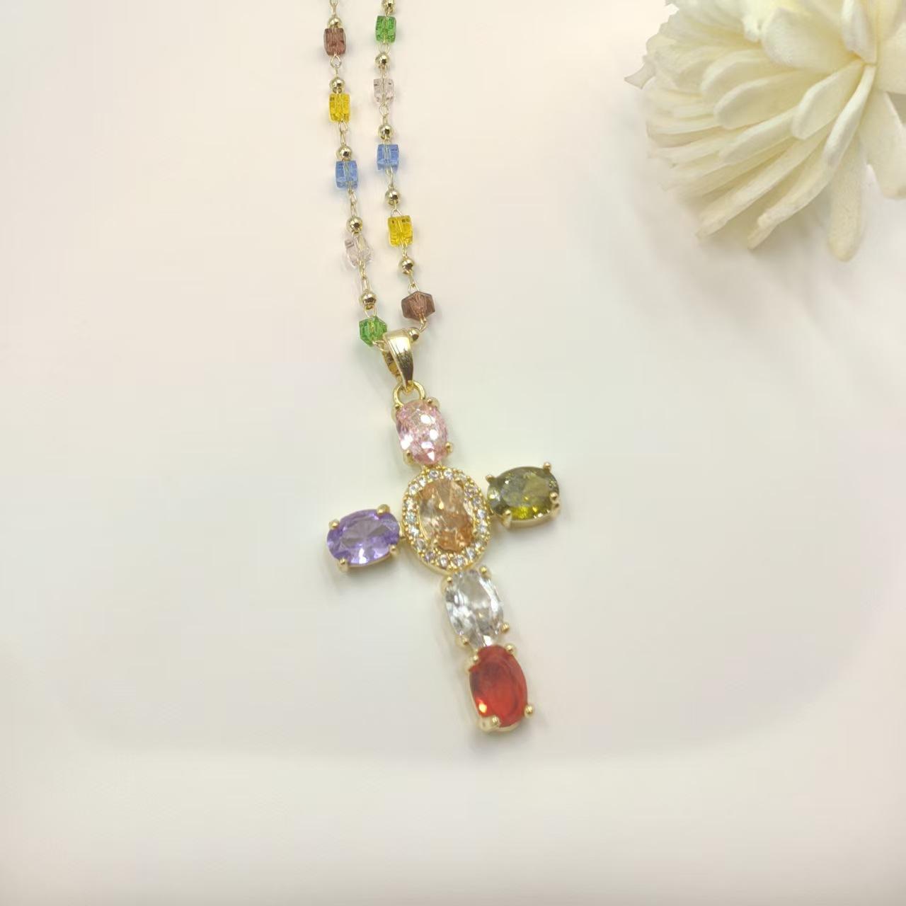 Colorful Zircon Cross Pendant Necklace, Rainbow Crystal Beaded Chain Dainty Gold Plated Necklace, Vintage Y2K Religious Cubic Zirconia Necklace for Women, Adjustable Fashion Jewelry for Daily Party Gift Colorful Zircon Cross Pendant Necklace, Rainbow Crystal Beaded Chain Dainty Gold Plated Necklace, Vintage Y2K Religious Cubic Zirconia Necklace for Women, Adjustable Fashion Jewelry for Daily Party Gift
