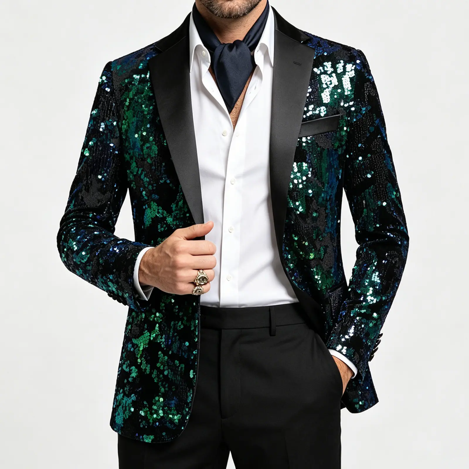 Men's Black Velvet Formal Wear Tuxedo Jacket - Iridescent Green Blue Sequin, Black Satin Shawl Lapel, Slim-Fit, Pocketed Menswear Blazer for Wedding, Evening Fashion Events, Birthday, Smooth, Fabric