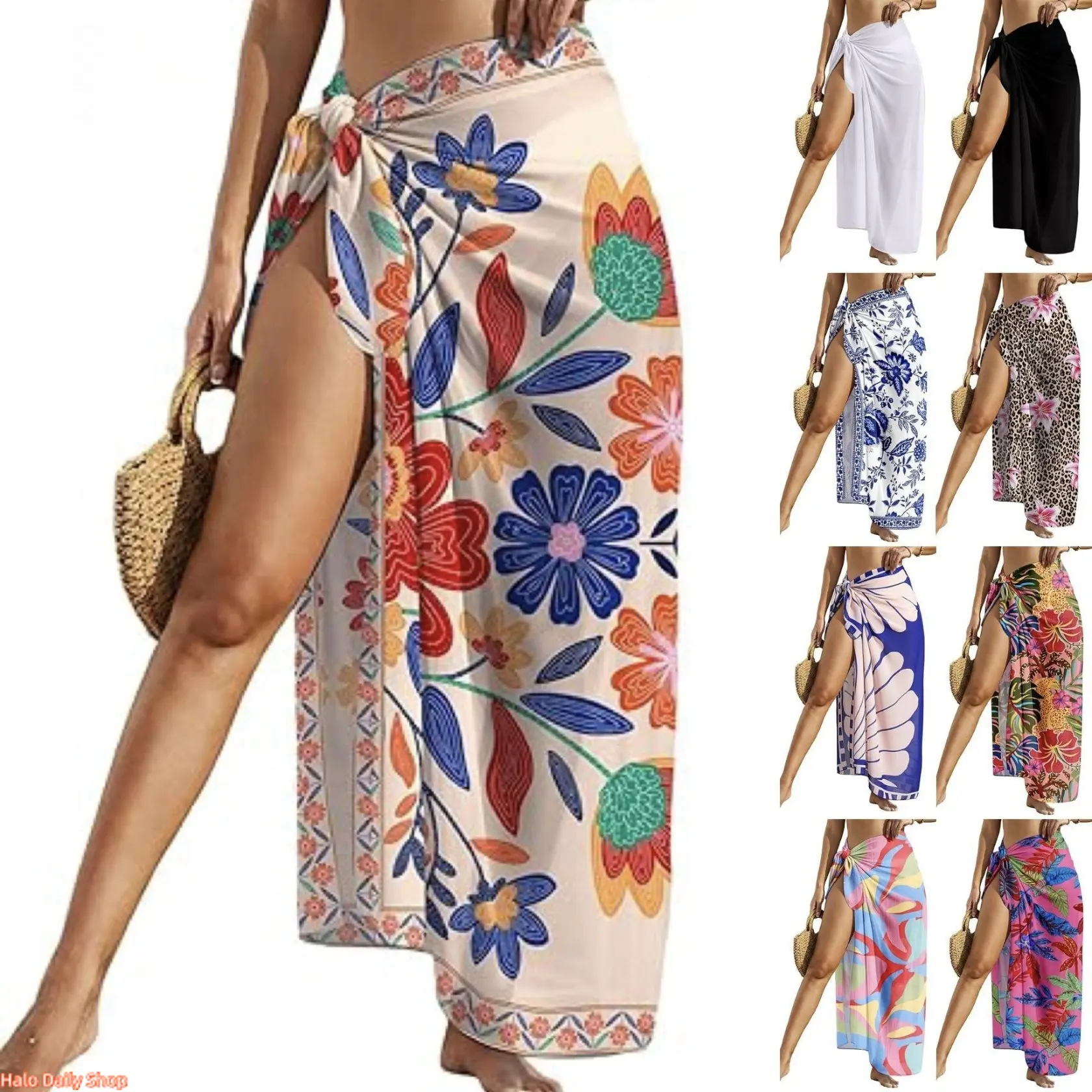 Women Sheer Sarong High Slit One Size Swimsuit Coverups 2026 Summer Floral Print Chiffon Wraps Beach Cover Up,clothes for back to school,first day of school outfits