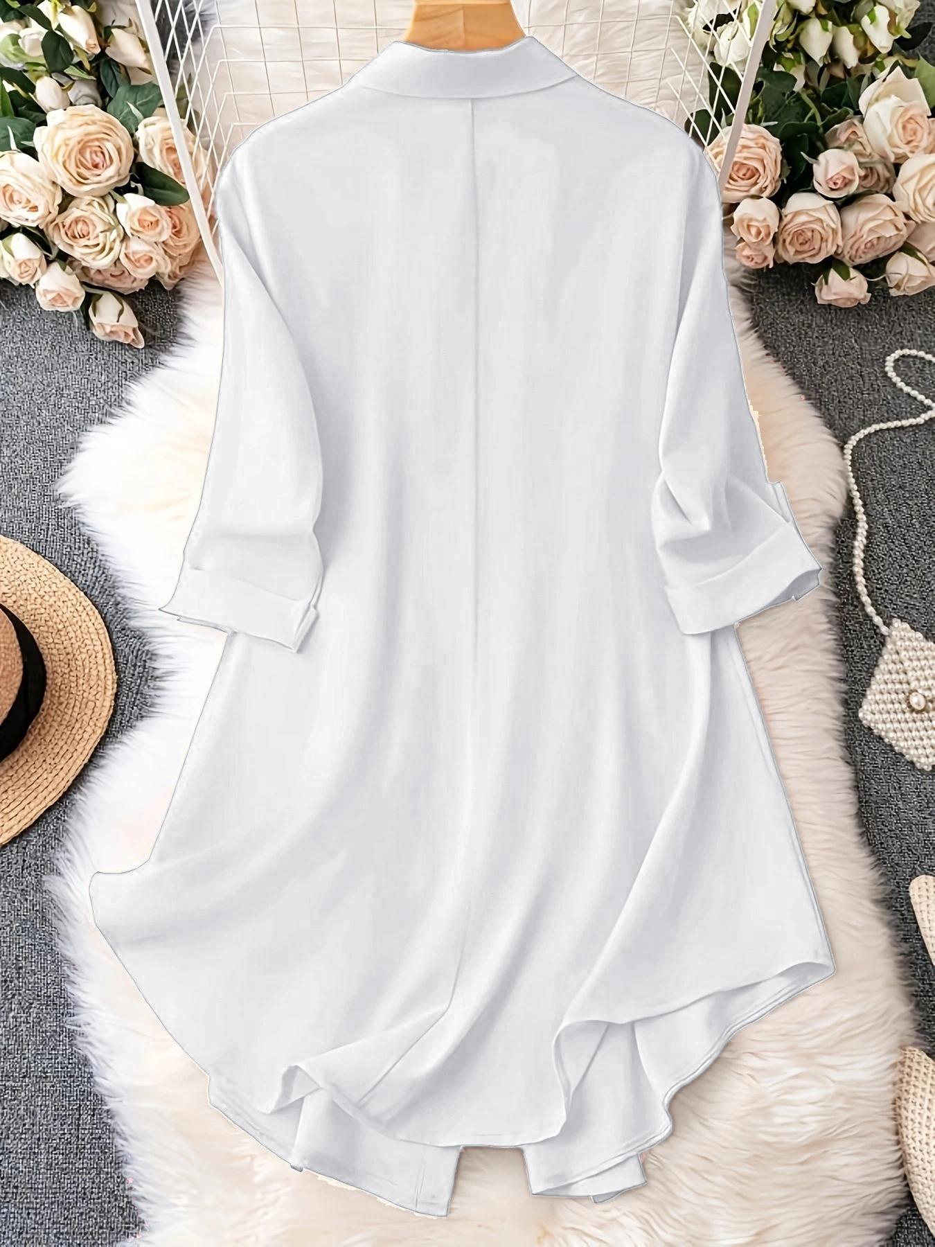 Plus-Size Solid Long Sleeve Button Front Shirt Blouse, Casual Classy Elegant Collared Top for Spring & Fall, Women's Clothes for Daily Wear