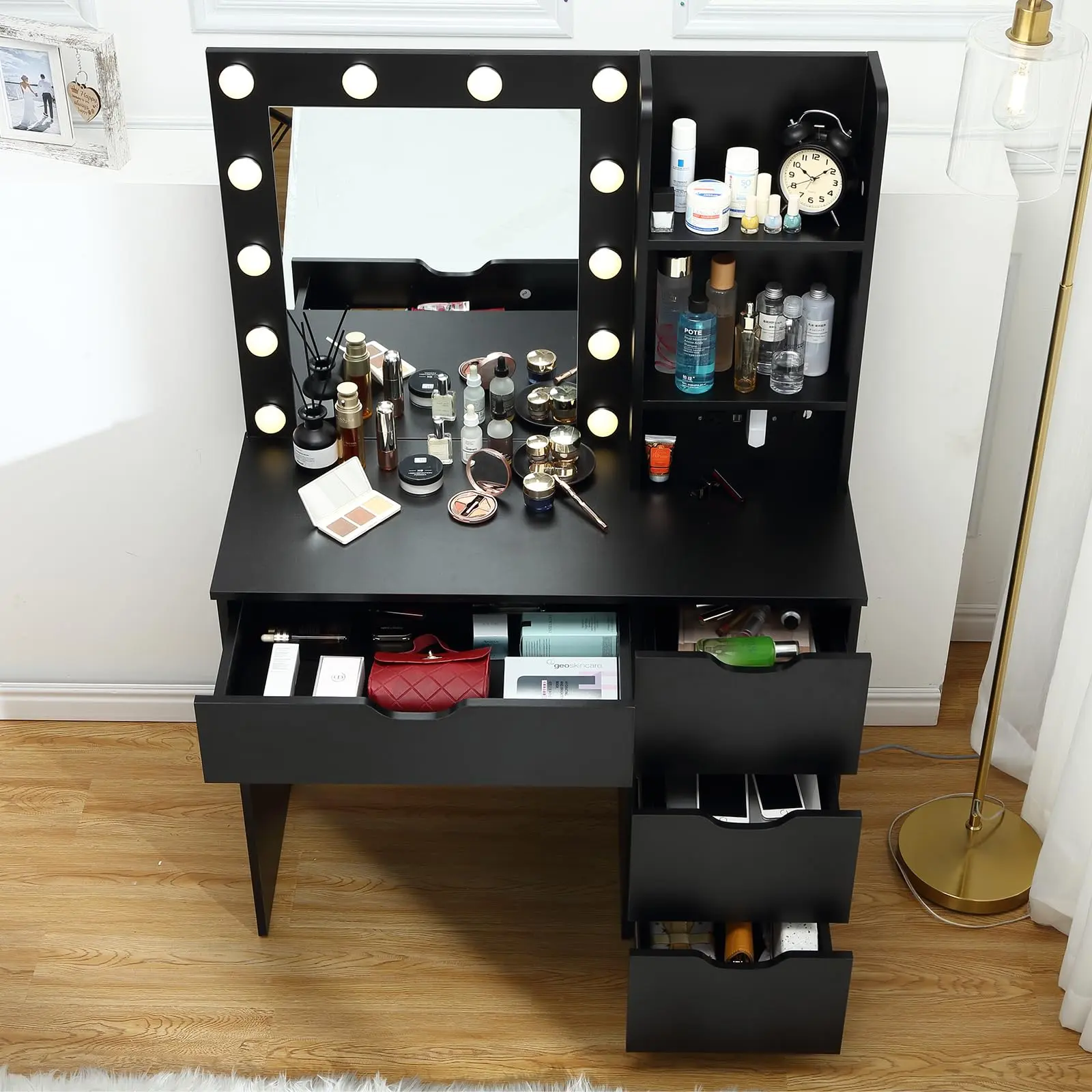 GARVEEVanity Desk With Mirror & Power Outlet, 3 Lighting Colors Vanity Desk With 4 Drawers & 12 Bulbs, Modern Dressing Table for Bedroom, Black