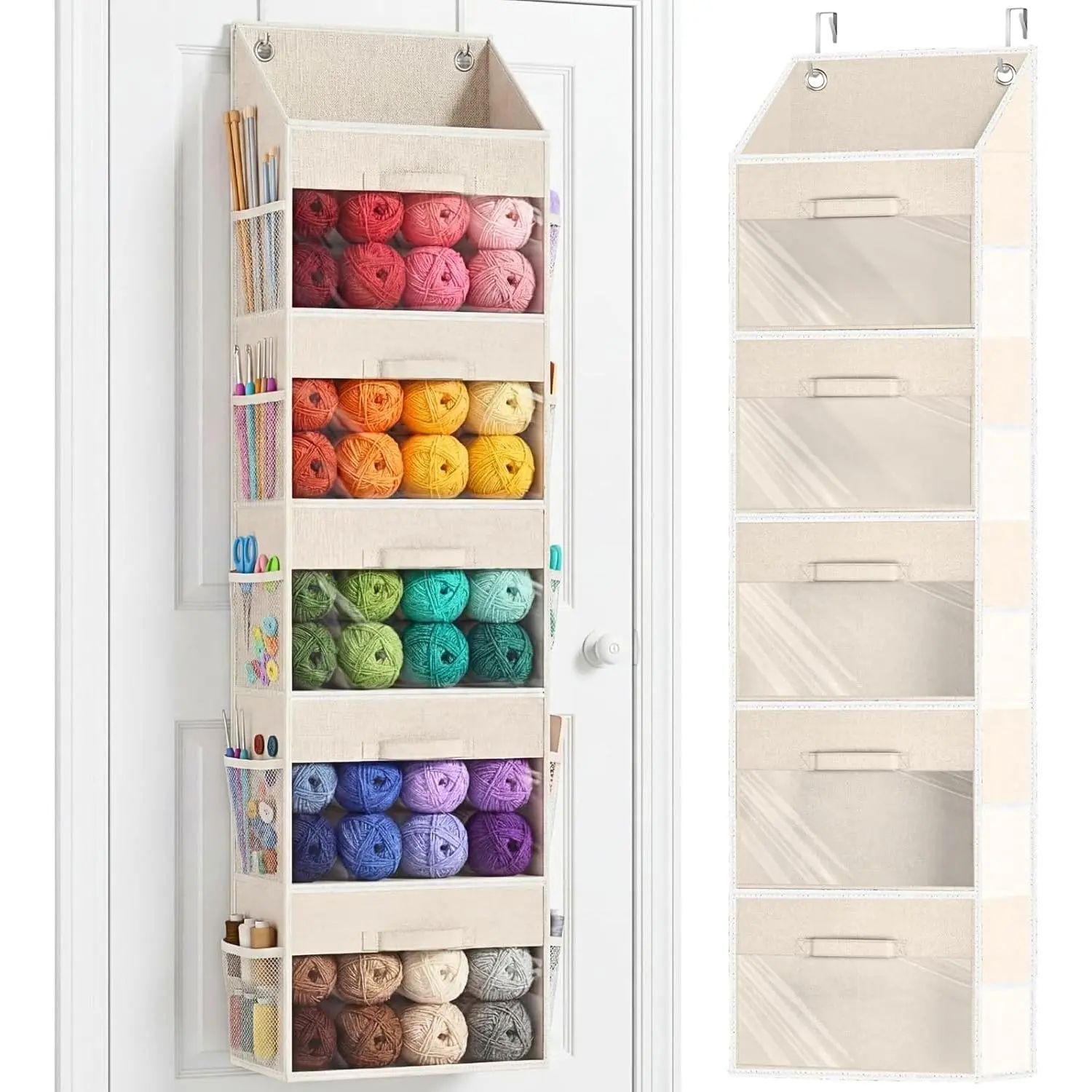 Hanging Yarn Storage Organizer with 5 Drawers, Over the Door Large Capacity Knitting Organizer Storage&10 Mesh Side Pockets, Hanging Yarn Holder for Knitting Needles, Crochet Hooks- Beige