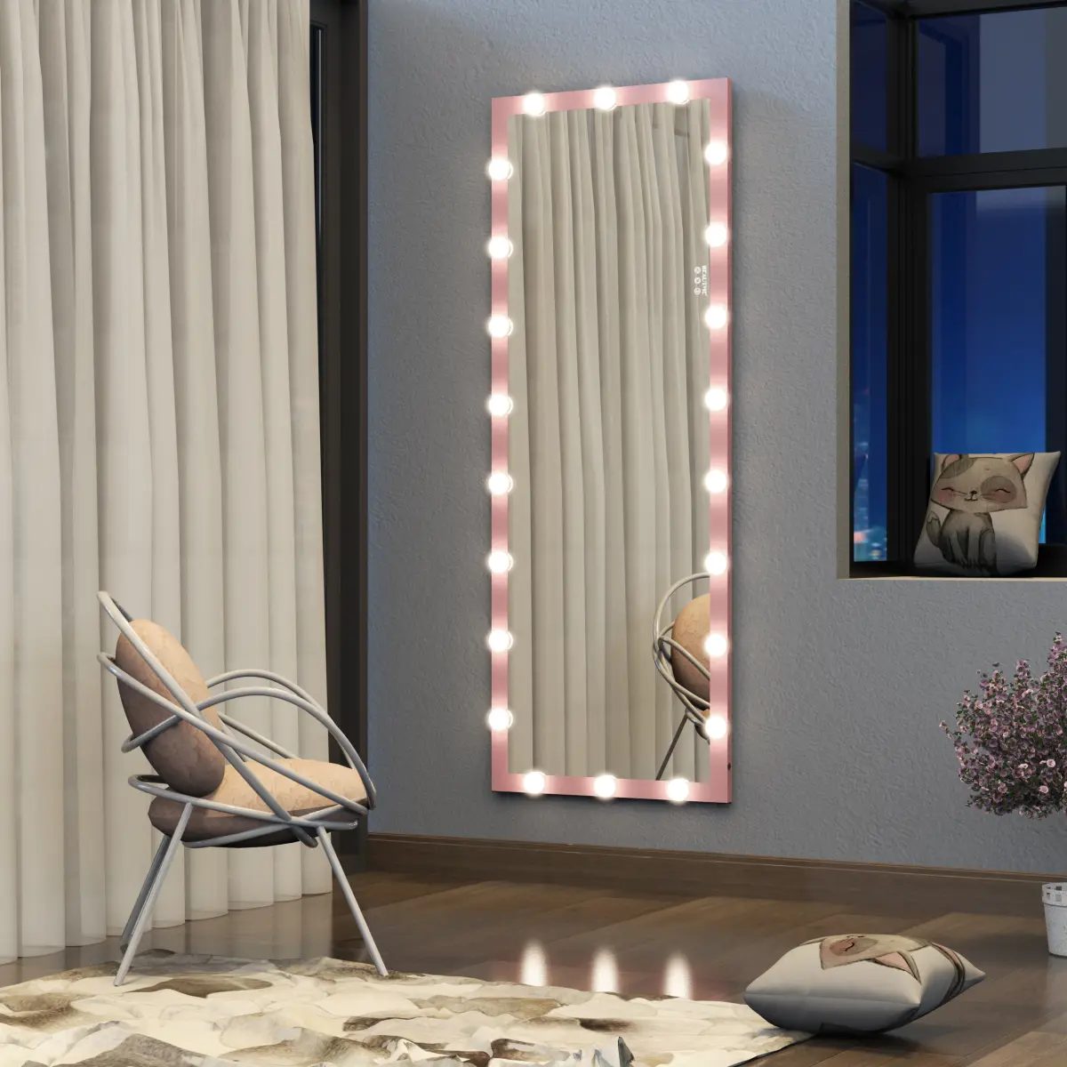 Hollywood Full Length Mirror with Lights Full Body Vanity Mirror with 3 Color Modes Wall Lighted  Standing Floor Mirror for Dressing Room Bedroom Hotel Touch Control Pink 62.6"x23.3"    RR