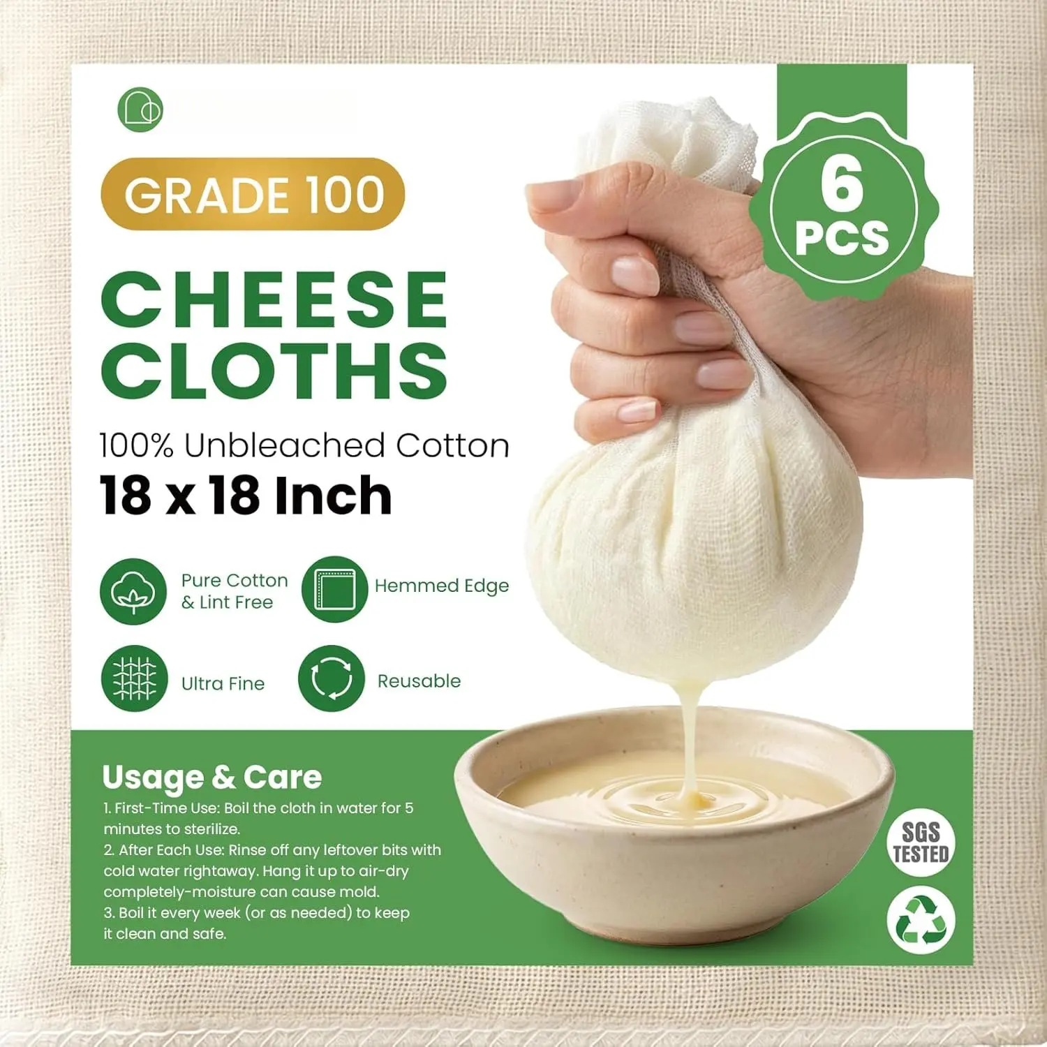 6 count Cheese Cloths 18x18 Inch, Grade 100 Cheesecloth for Straining |  Cheese Cloth With Reinforced Edges, Unbleached  Muslin Fabric Strainer for Baking,Juicing,Milk,Cheese, Crafts