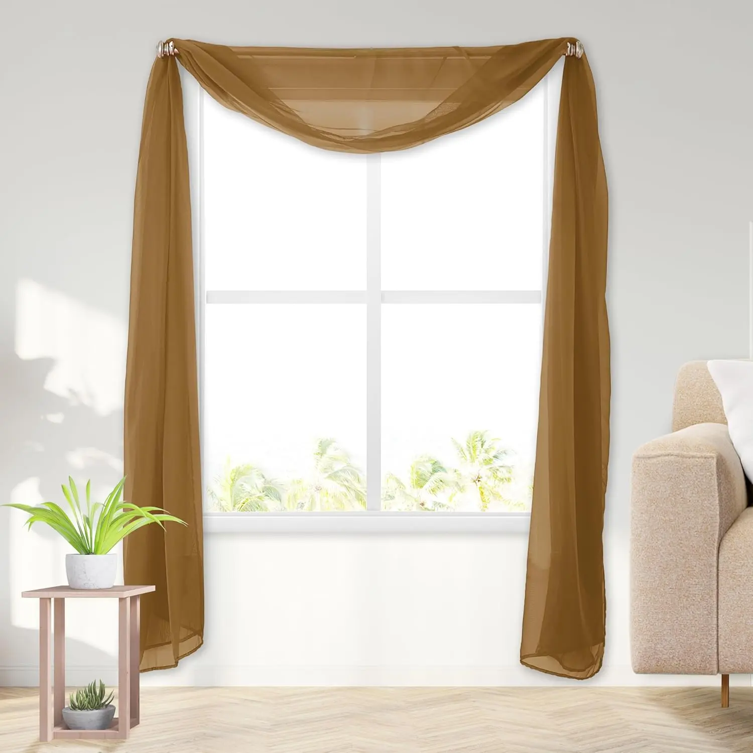 Classic Solid Polyester Sheer Voile Window Scarf - 1 Panel (55"X216" Long Length) - Lightweight for Living Room, Wedding Arch Decor, Tan