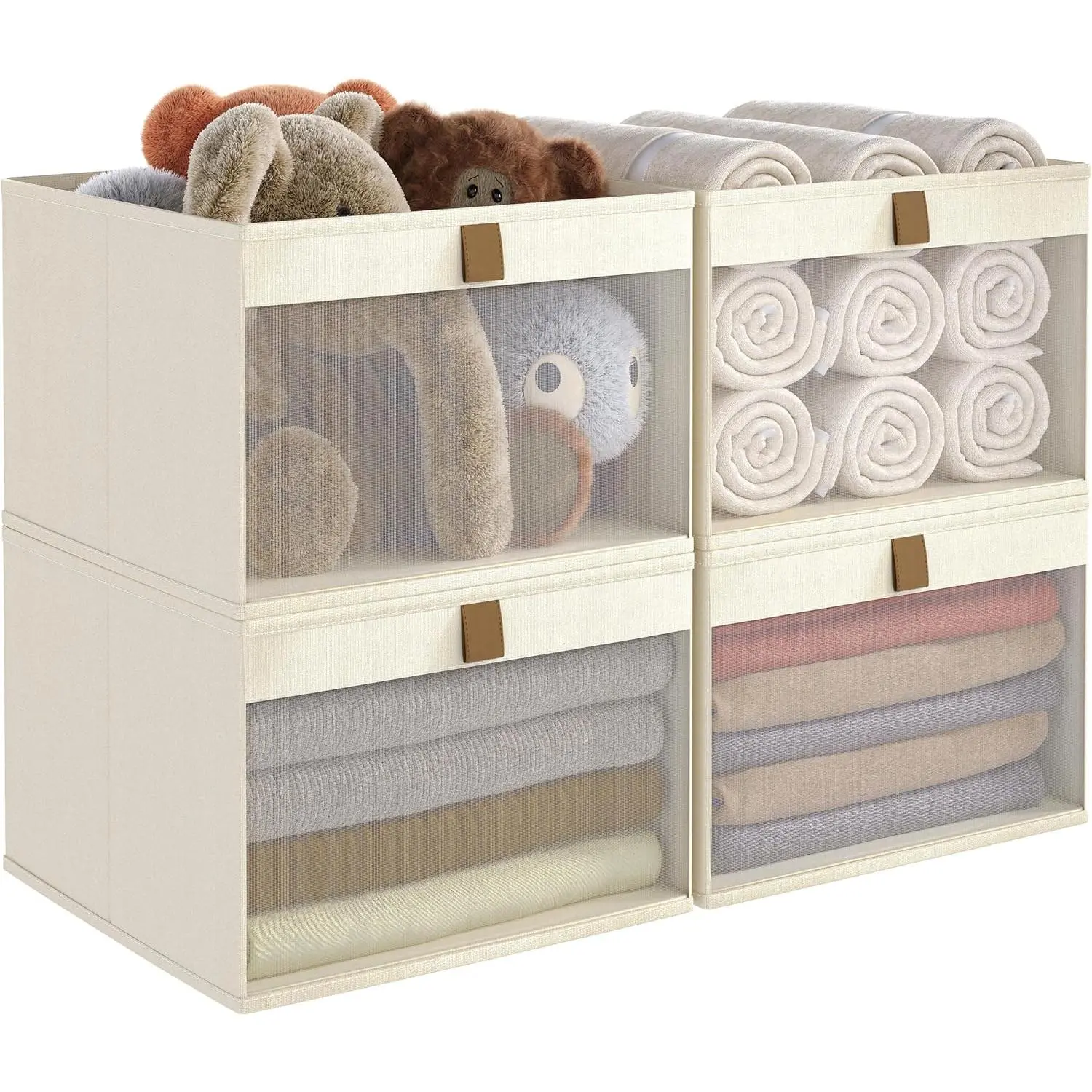 Linen Closet Organizers and Storage, Closet Storage Bins Basket Organizer, Foldable Organization Baskets with Mesh Window for Clothes Towels and Toys, 12.75" x 12.75" x 9", Beige, 4 pack