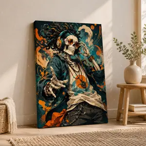 Hip-Hop Skeleton with Headphones Vertical Canvas Wall Art, Urban Graffiti Poster, Home Decor for Living Room Bedroom Gaming Space, Available as Unframed Canvas Poster or Framed Canvas Wrap
