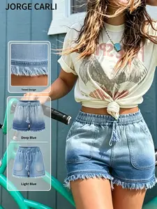JORGE CARLI  Women's Elastic Waist Summer Cool Shorts, Frayed Edge Design, Fashionable and Versatile, Perfect for Casual Wear