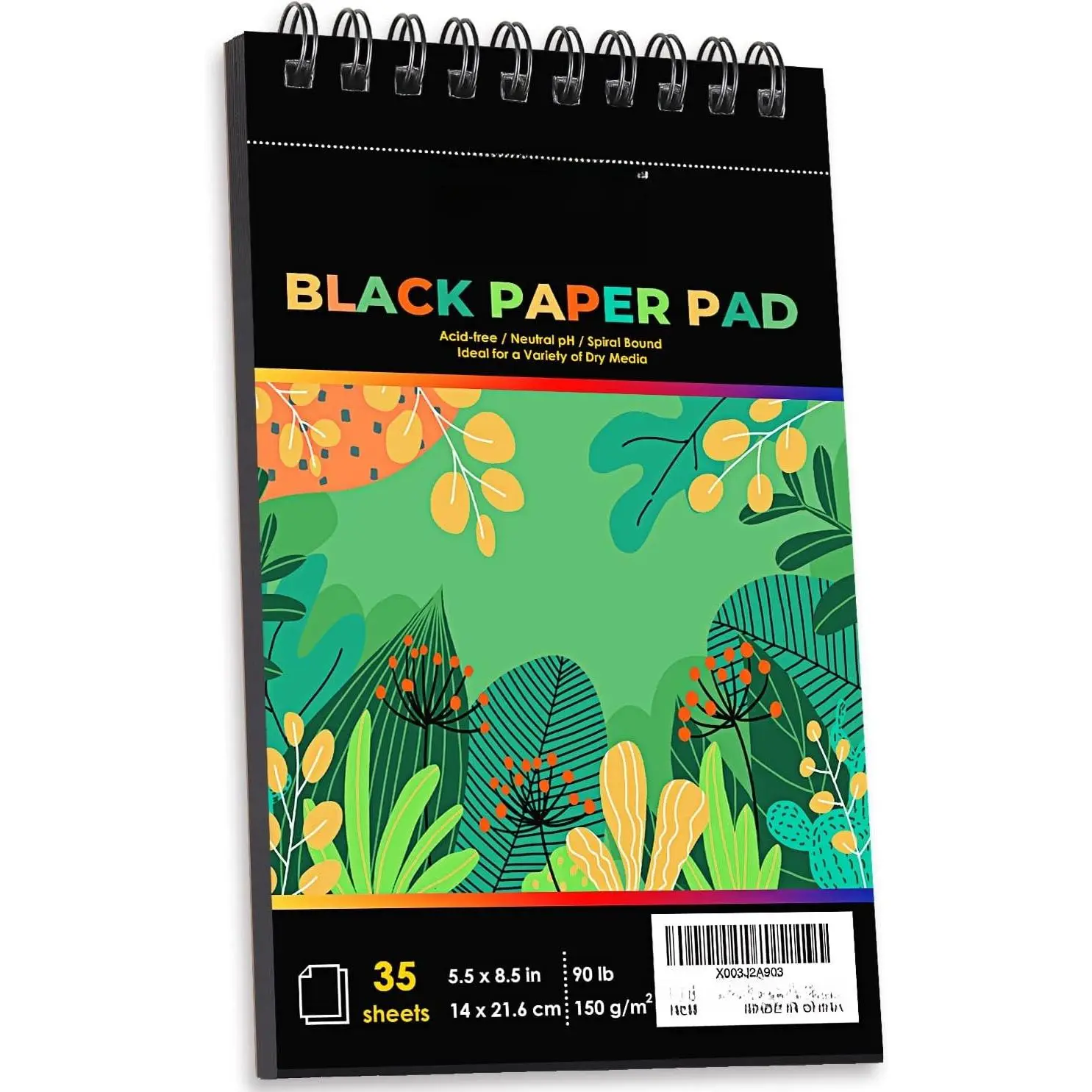 Professional Black Paper Sketchbook 5.5"x8.5" - 35 Sheets 150GSM Heavyweight Drawing Paper for White Gel Pens, Colored Pencils, Pastel, Spiral Sketch Pad for Artists