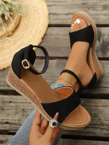 Adjustable Strap Wedge Sandals, PU Leather, Solid Color, Lightweight, All-Season, Women's Fashion Footwear, Comfortable & Versatile