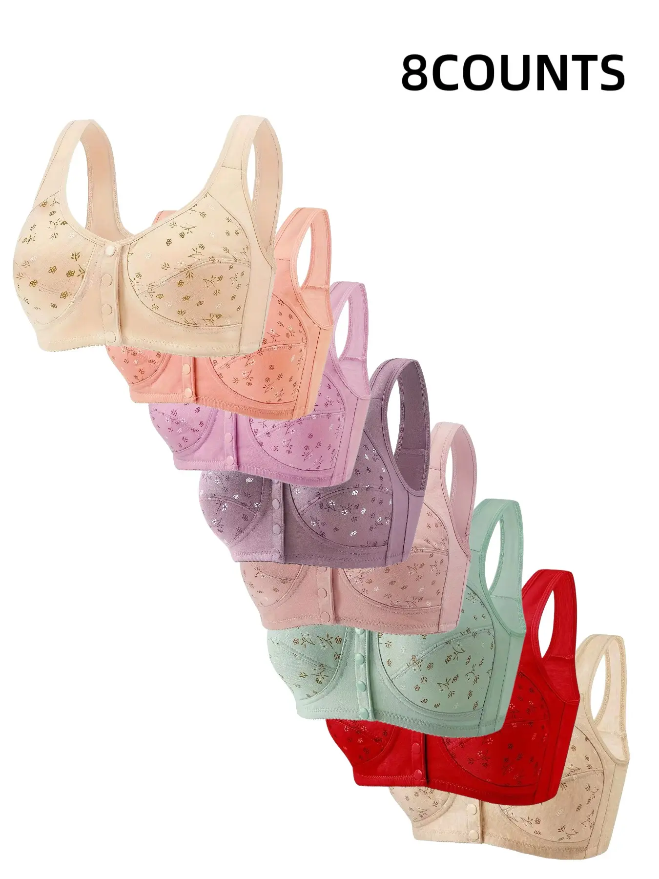 8-Pack Women's Wire-Free Front Buckle Bralettes, Seamless Comfort Fit, Daily Wear Everyday Underwire Free Bras, Breathable Soft Fabric, Full Day Support
