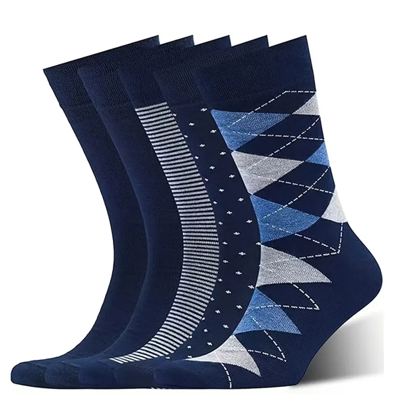 5-Pack Men's Dress Socks Assorted Patterns Navy Blue Crew Socks Business Casual Formal Wear