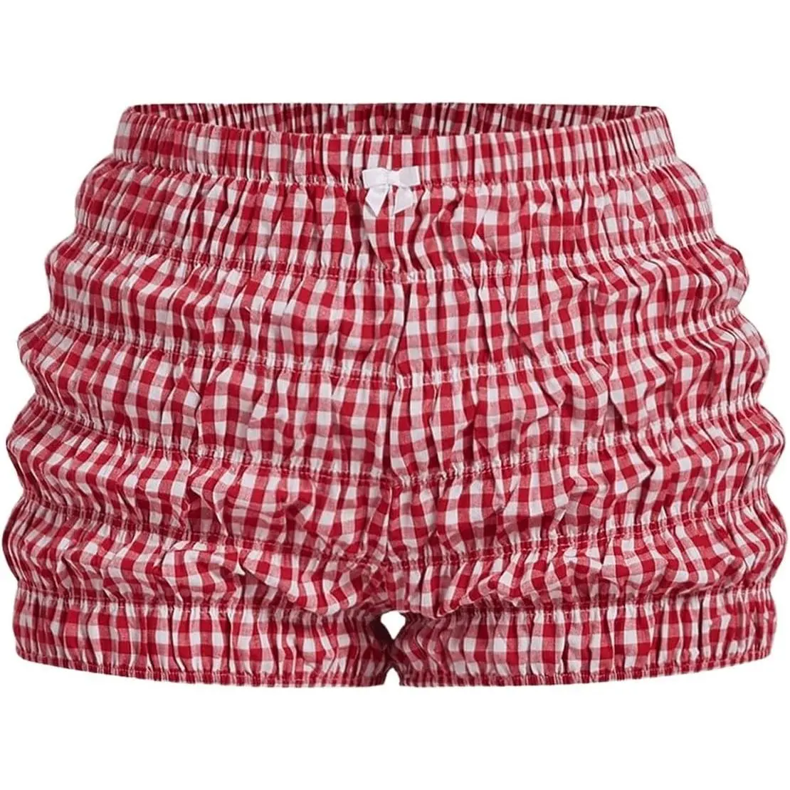Women's Plus Size Plaid Ruched Elastic Waist Casual Beach Comfortable Garment Bloomer Shorts with Check Detail