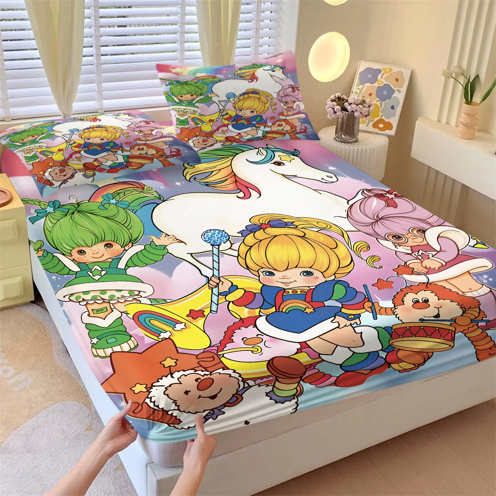 Pastel Rainbow Background Rainbow Brite Print Fitted Sheet Set (1 Fitted Sheet + 2 Pillowcases), Elastic Breathable Microfiber Bedding, Non-Slip Deep Pocket Mattress Protector, Unicorn Cartoon Character Lovely Decor For Girls & Kids Room
