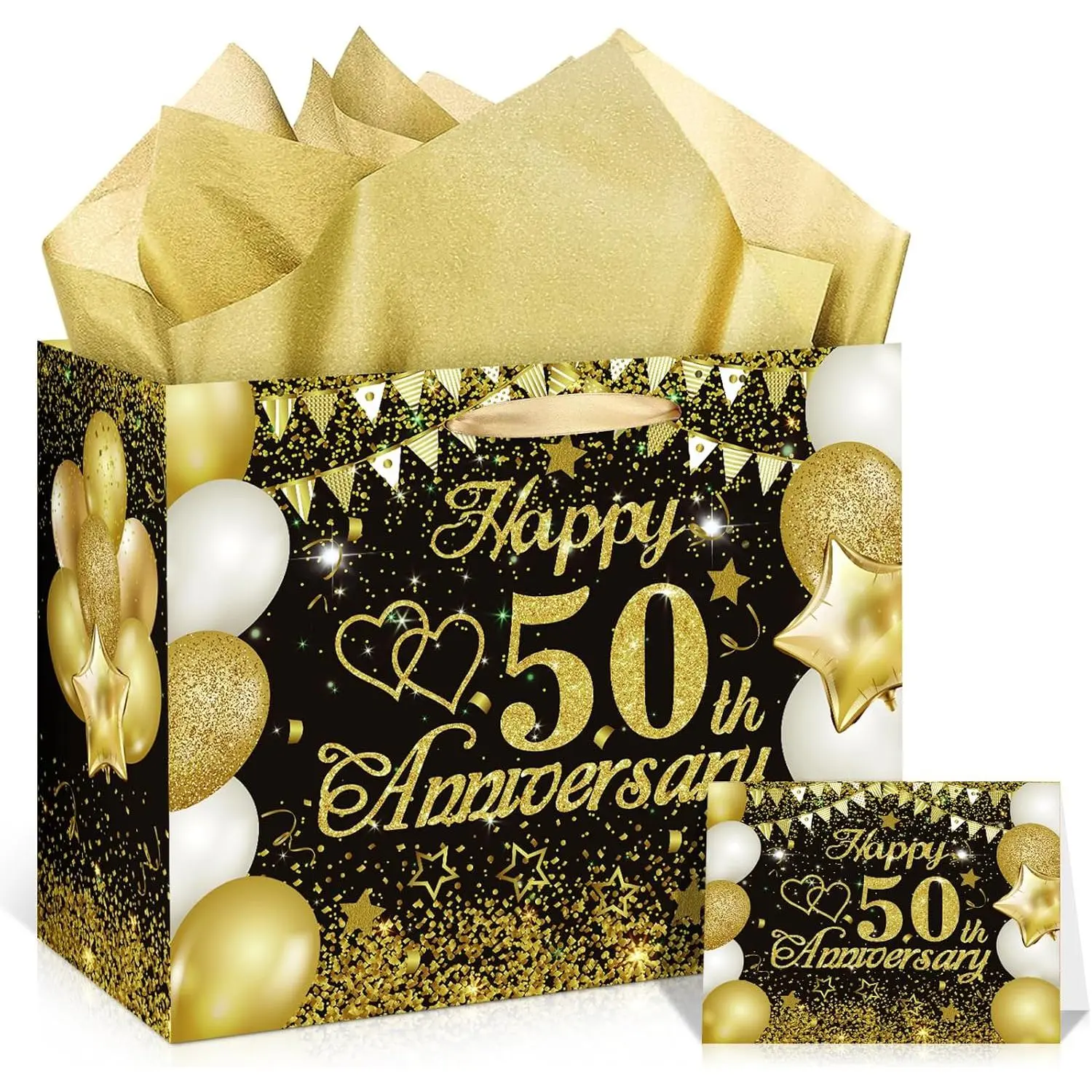 50th Anniversary Paper  Bag - White  Wedding  Wrapping Bag with Tissue Papers & Card -  for Golden Wedding Anniversary or Christmas Decor