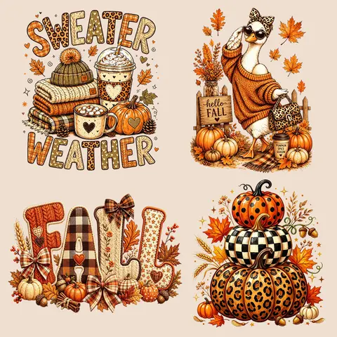 Fall Leopard Print DTF Heat Transfer Iron-On Decals - Pumpkin Plaid Sweater Vibes, Warm, Cozy, Stylish Washable Fabric Decor Stickers for T-Shirts, Hoodies