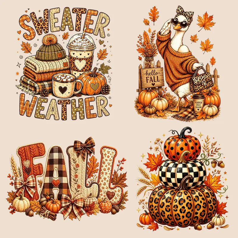 Fall Leopard Print DTF Heat Transfer Iron-On Decals - Pumpkin Plaid Sweater Vibes, Warm, Cozy, Stylish Washable Fabric Decor Stickers for T-Shirts, Hoodies
