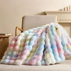 Faux Fur Throw Blanket for Couch, Rainbow Cozy Bubble Fleece Blanket, Soft Fuzzy Blanket for Sofa & Bed, Warm Plush Thick Luxury Home Room Decor Throw 50"x60"-1100GSM