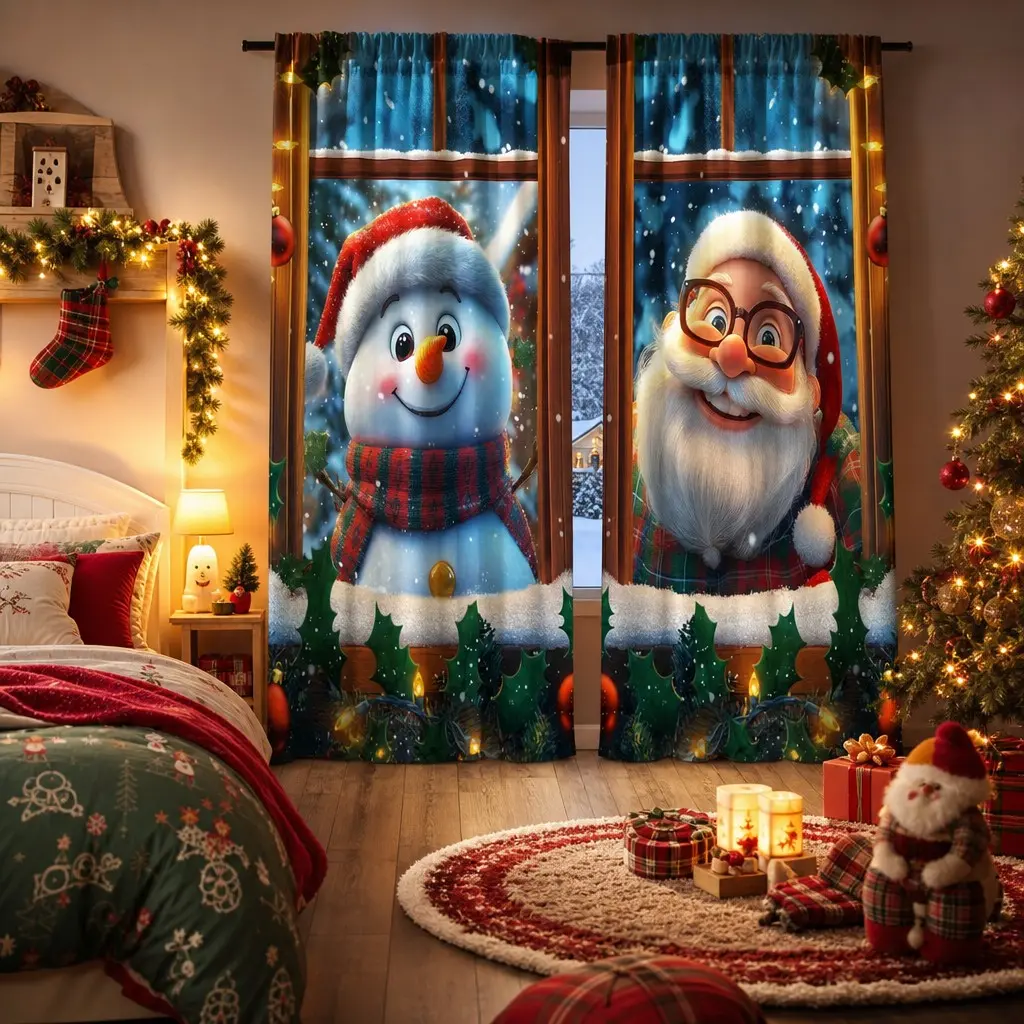 Two-Piece Christmas Fantasy Curtains with Rustic Wooden Look, Featuring Christmas Tree Santa Snowman and Snowflakes Print, Ideal for Holiday Decor and Festive Gatherings