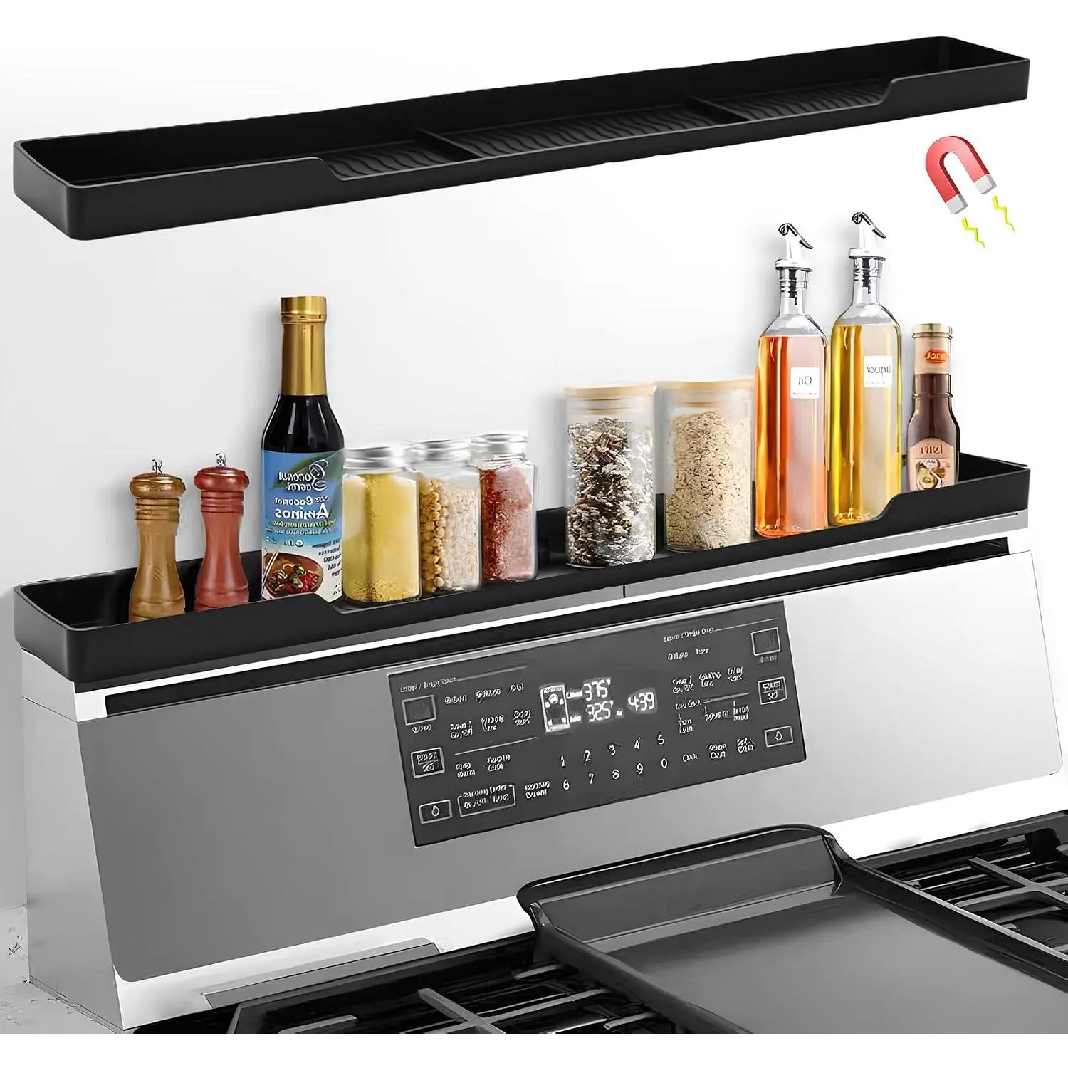 30 Inch  Stove Top Shelf | 3-Zone Kitchen Organizer with Anti-Slip & Anti-Fall Design | Heat Resistant (-40°F to 446°F) -Grade   Rack for Flat-Top Stoves, Black