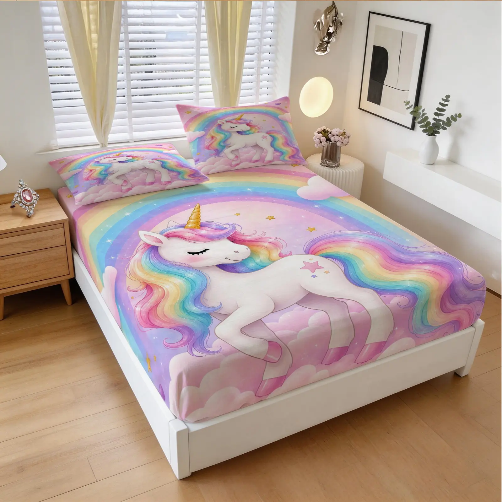 3-Piece Unicorn Pattern Fitted Sheet Set, Soft And Comfortable Bedding Set (1 Sheet + 2 Pillowcases, No Pillow Insert), Suitable For Teenagers And Adults, Master Bedroom, Apartment Scene, Cute Bedding