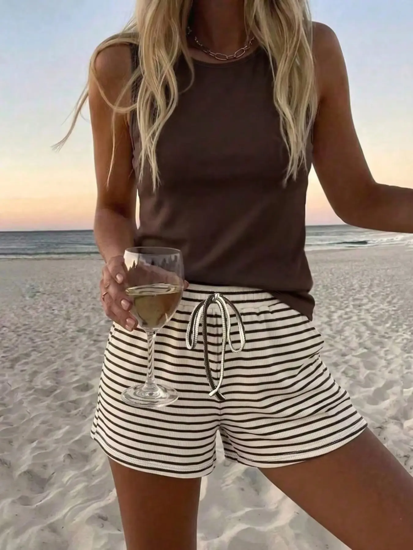 Two-Piece Set: Women Solid Sleeveless Tank Top & Striped Shorts, Camel Round Neck Tank + Drawstring Stripes Adjustable, Casual Vacation Home Clothes, Shorts Matching Set