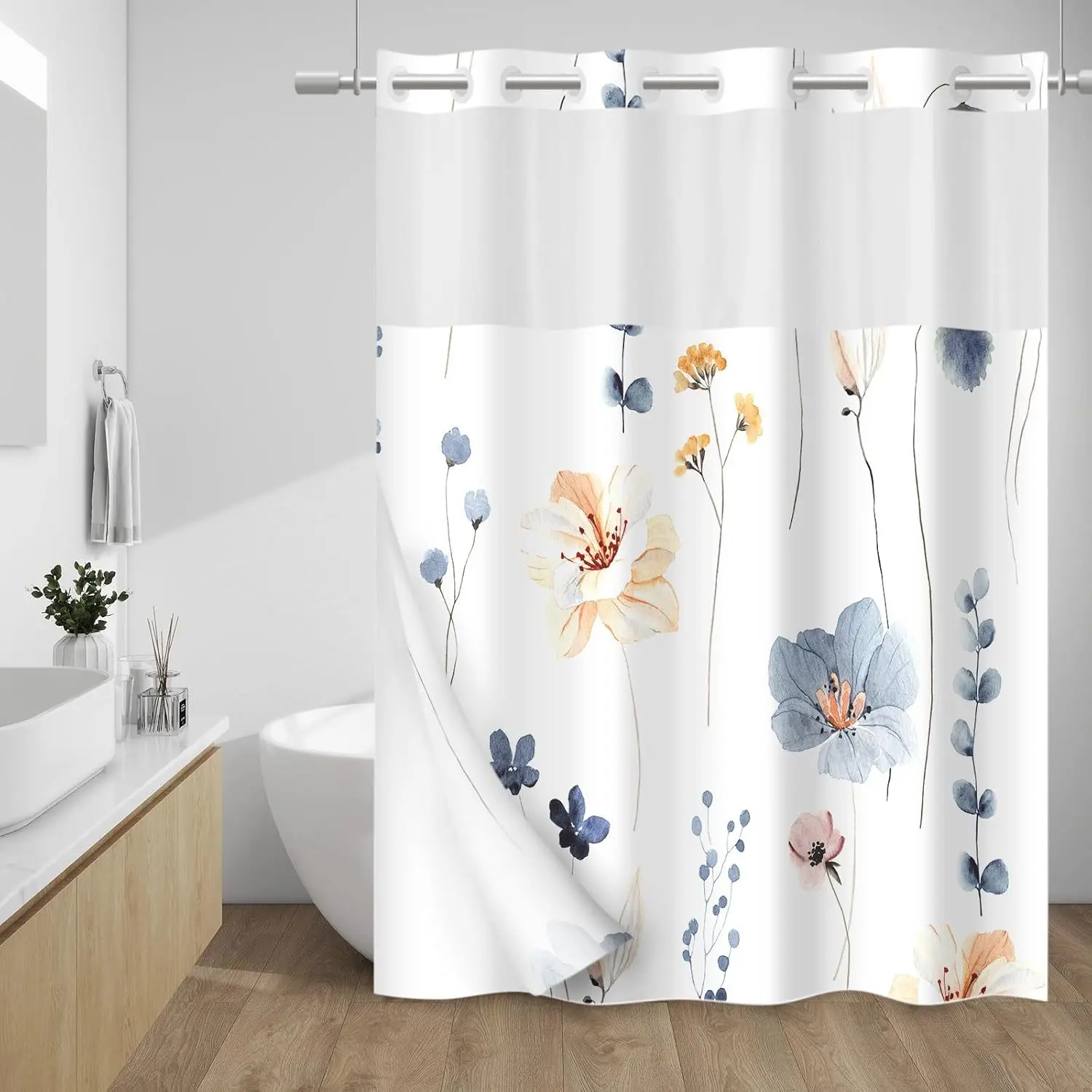 Hookless shower curtain with large rings, watercolor floral shower partition, waterproof shower curtain Bathroom durable luxurious bath Pattern