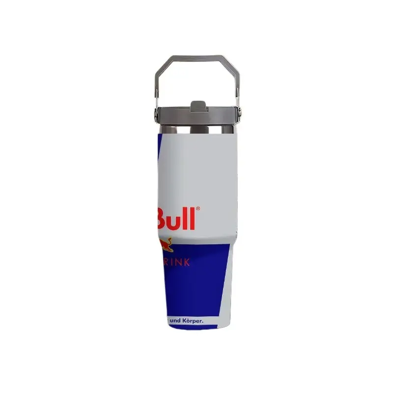 1pc 30oz Red Bull Print 304 Stainless Steel Tumbler With Handle, Vacuum Insulated Hot Cold Travel Cup, Practical Car Accessory Gift For Energy Drink Lovers & Streetwear Fans