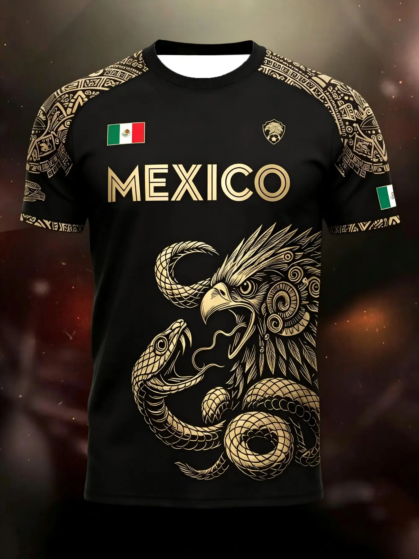 Men's Mexican Themed Sports T-Shirt, Aztec Eagle & Snake Totem Short Sleeve Soccer Jersey, Quick-Dry & Breathable Fabric, Casual Slim-Fit Top, Mexico Soccer Shirt, Football Shirt