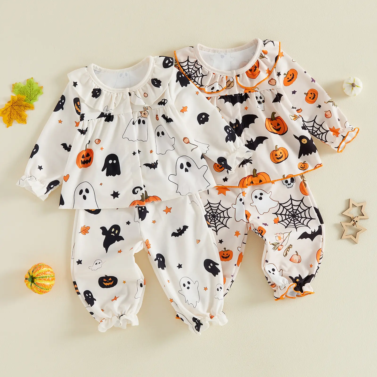 Toddler Baby Little Girl Halloween Outfit Ghost Pumpkin Print Sweatshirt Tops and Pants Set Fall Winter 6M-5T