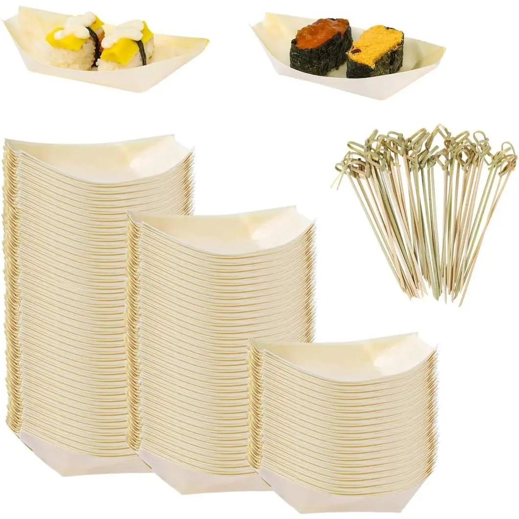 200Pcs 5.7 Inch Wood Boat Plate Bamboo Sushi Serving Tray with Skewers | Disposable Serving Tray Food Dishes Container Bowl for Catering Home Holiday Party Use