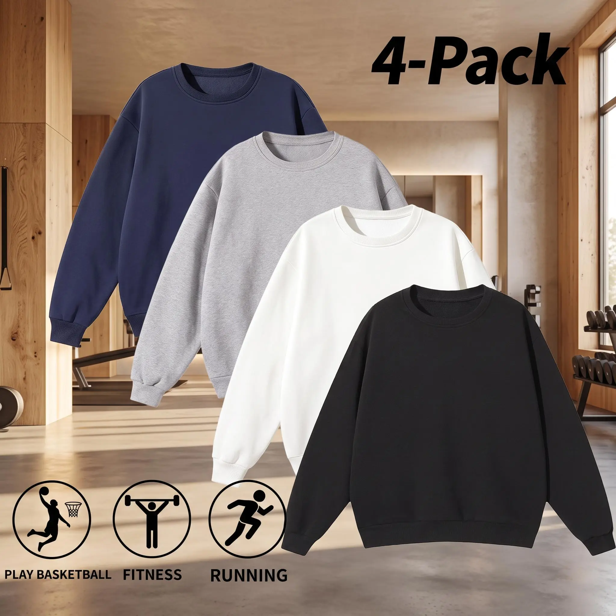 Men's 4-Pack Plain Round Neck Pullover Sweatshirts - Relaxed Fit, Clean Design, Polyester, Machine Washable Menswear for Casual Comfort, Versatile Styling