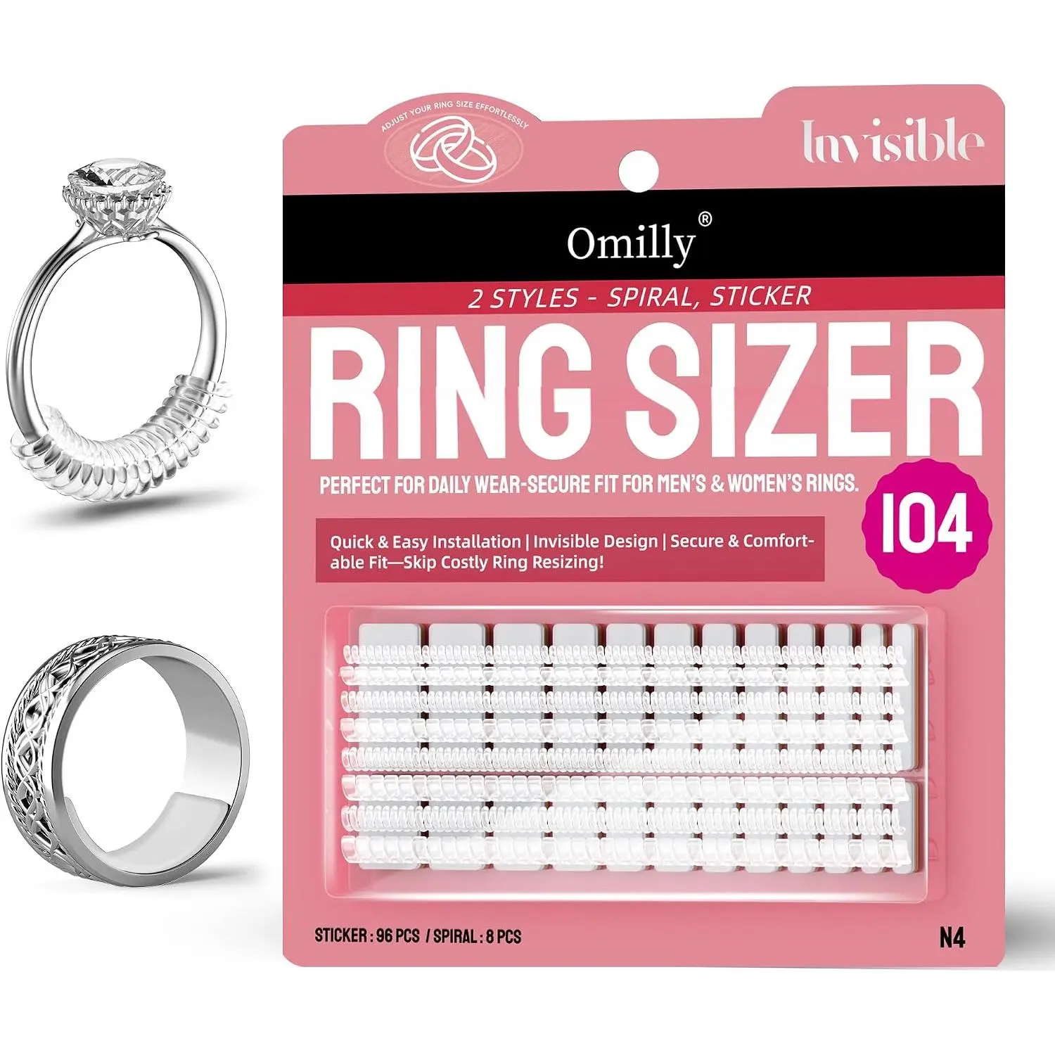 Ring Size Adjuster for Loose Rings, 104- Invisible Ring Guard Kit with 2 Styles (Spiral Coils & Sizing Strips) for Women & Men,  Resizer Fits 1-10mm Width