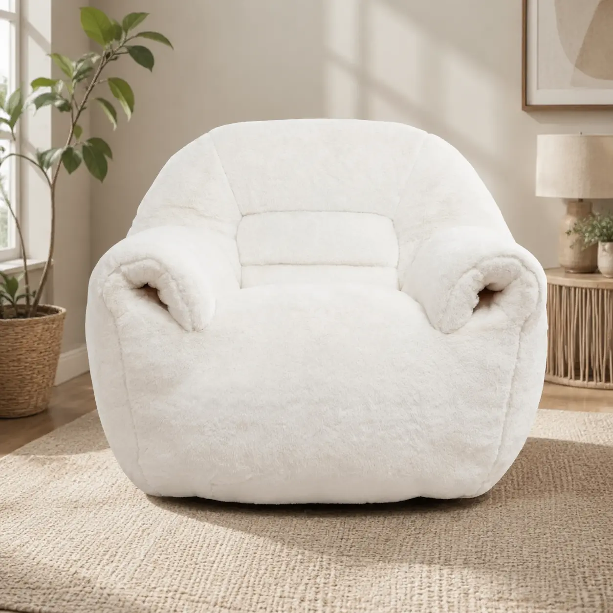 Littleox Comfy Bean Bag Sofa with Back Support, Faux Fur Bean Bag Chair for Adults and Kids, Stuffed Floor Sofa for Living Room, Bedroom, Apartment, White