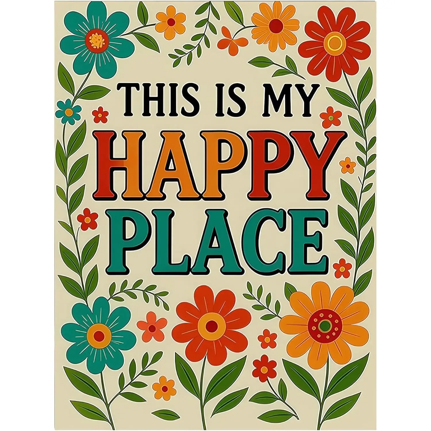 "This is My Happy Place" Boho Floral 5D Diamond Painting DIY Frameless Kit, Full Drill Round & Square Rhinestone Diamond Handicraft Art, flower picture Home Wall Decor, Perfect Holiday Gift for Adults Kids Beginners
