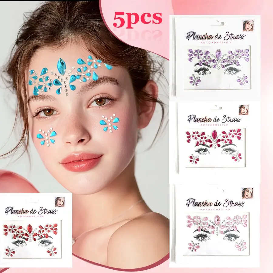 5pcs Self-Adhesive Face Rhinestone Glitter Face Tattoos Stickers, EDM Festival Party Forehead Crystal Eye Gems, Halloween Cosplay Stage Makeup Decor Stickers